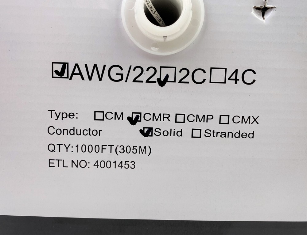 Vertical Cable 293-2157 Alarm-Security Wire, 22AWG, 2 Conductor Solid, 1000 FT