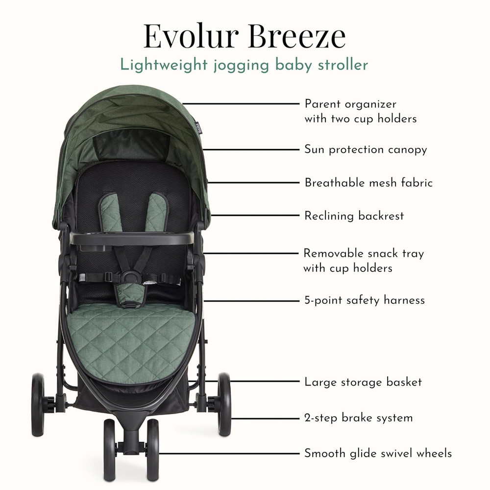 Breeze Stroller in Green, Adjustable Backrest & Canopy, Compact Fold Lightweight