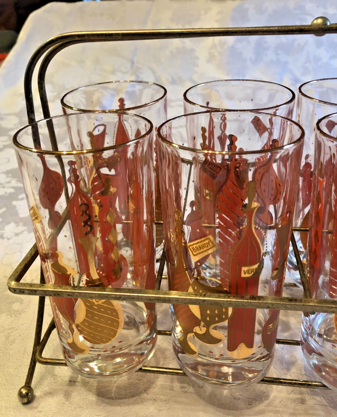 MCM Gay Fad Bordeaux Barware Highball Glasses 5.5” Set Of 8 in Carrier Caddy