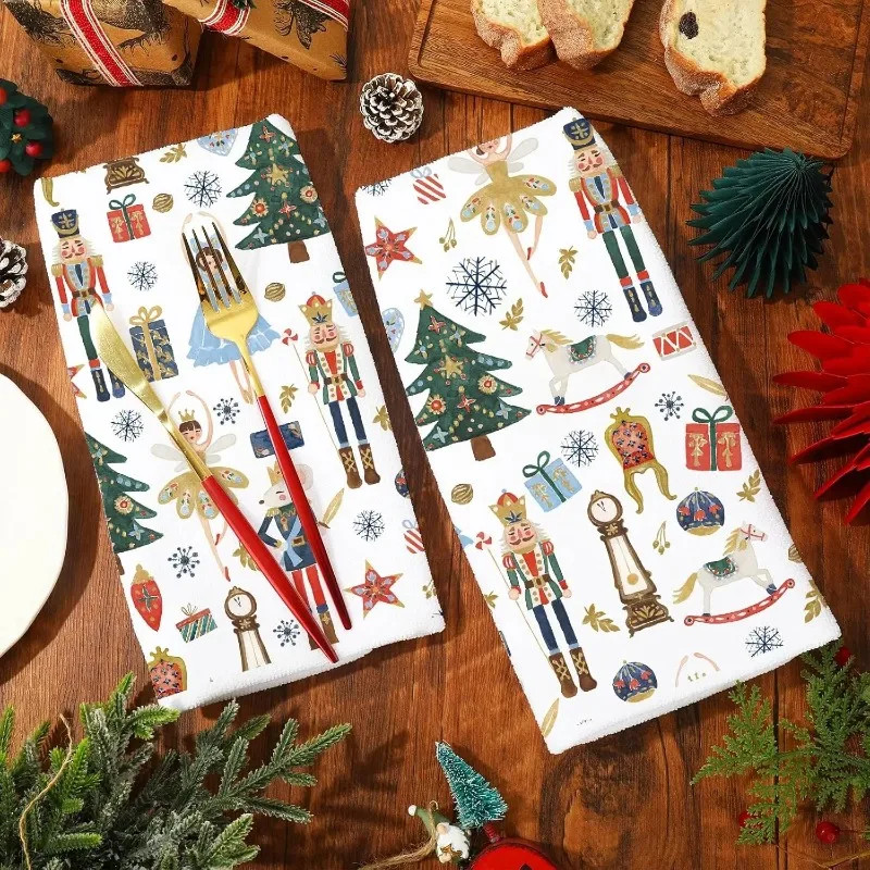2pcs Kitchen Christmas Nutcracker Kitchen Dish Towel Cleaning Supplies Quick Dry