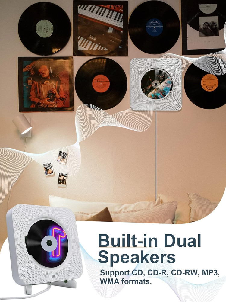 Portable Wall Mounted CD Player with Bluetooth, Mountable CD Music Player Built