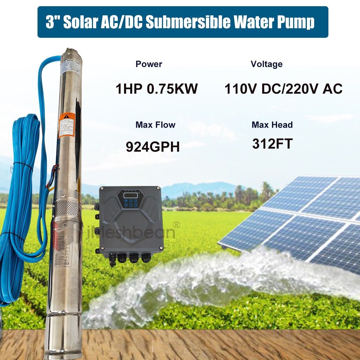 3" AC110V/DC220V Solar Powered Bore Well Water Pump 1HP Submersible Hybrid Deep