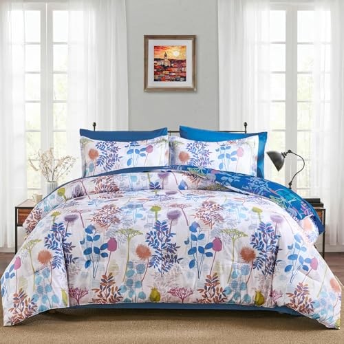 7Pieces Comforter Set, Colored Botanical Bed in a Bag Complete Queen Colorful