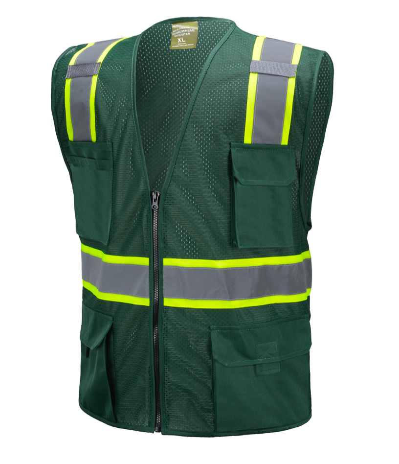 Green Two-Tone Safety Vest with Multi-Pocket Tool Pockets