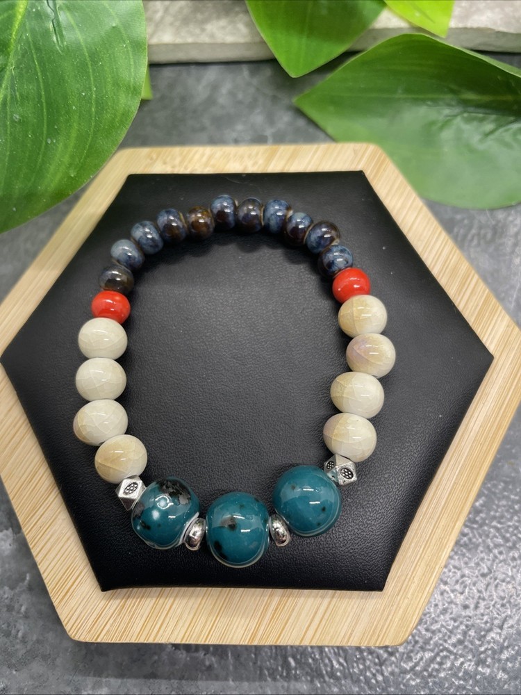 Handmade Ceramic Bead Beaded Stackable 6” Plus Stretch Bracelet New B311