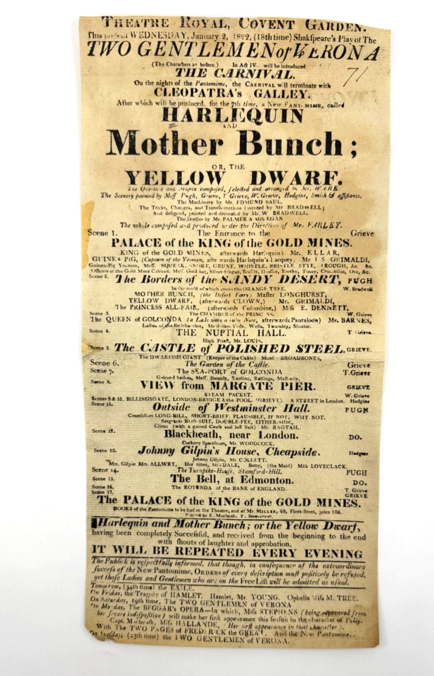 1822 Theatre Royal Covent Garden Playbill Shakespeare & Harlequin Pantomime