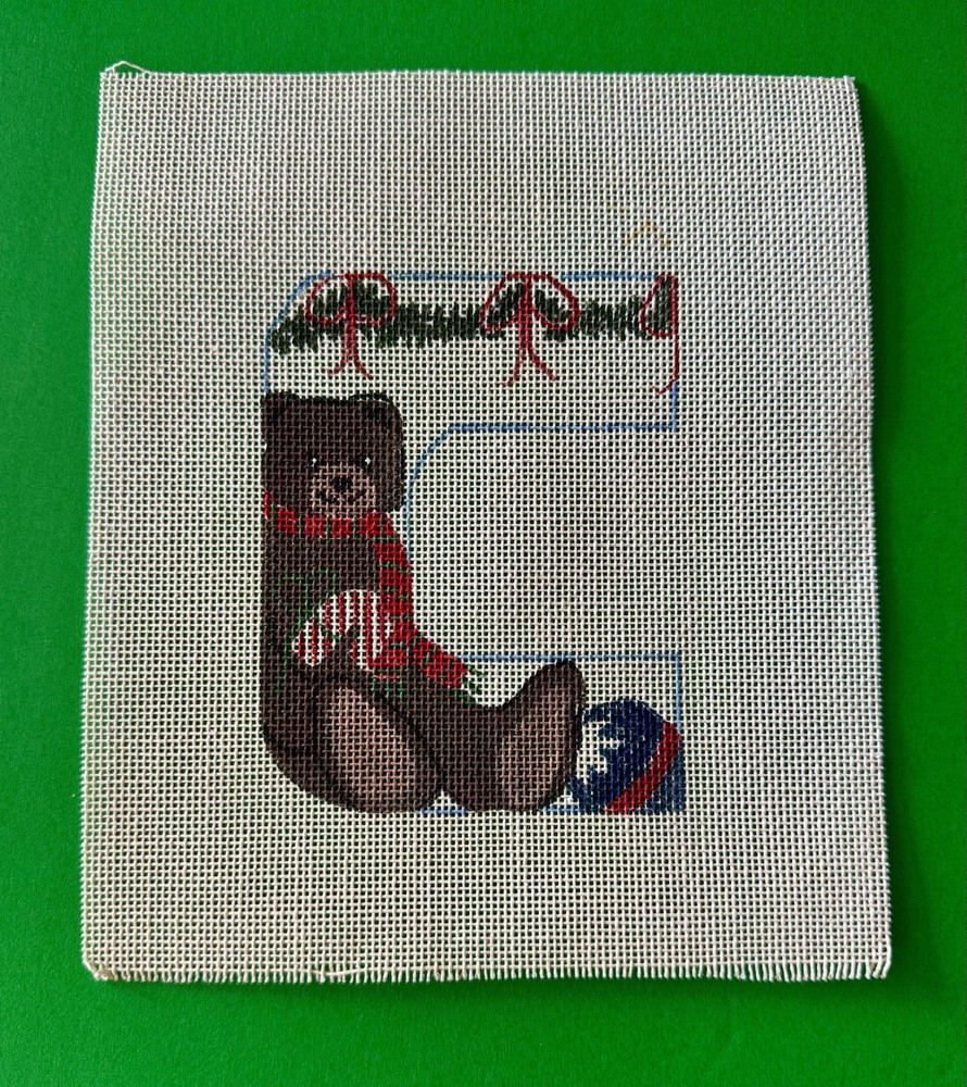 Needlepoint Canvas Painted Initial C Teddy Bear Christmas Candy Cane Red Scarf