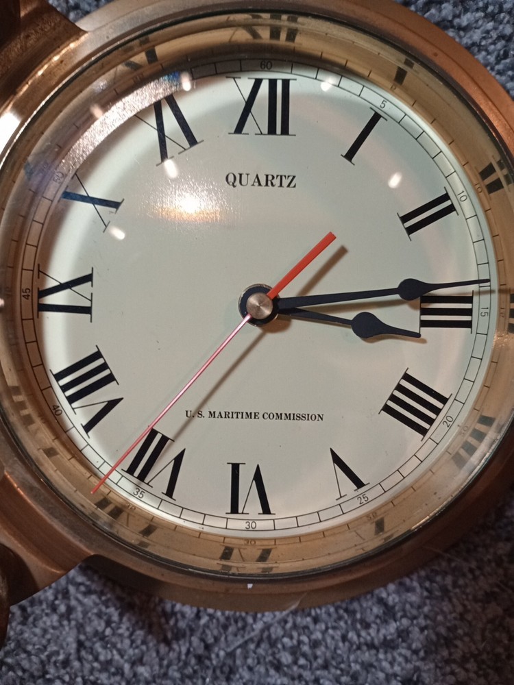 Vintage U.S. Maritime Commission Solid Brass Quartz Port Hole Clock W/Hideaway