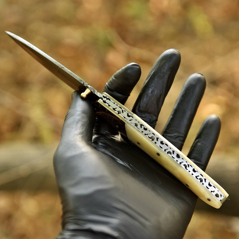 Damascus Folding Dagger Blade Pocket Skinner Knife Case- Camel Bone - Sheath