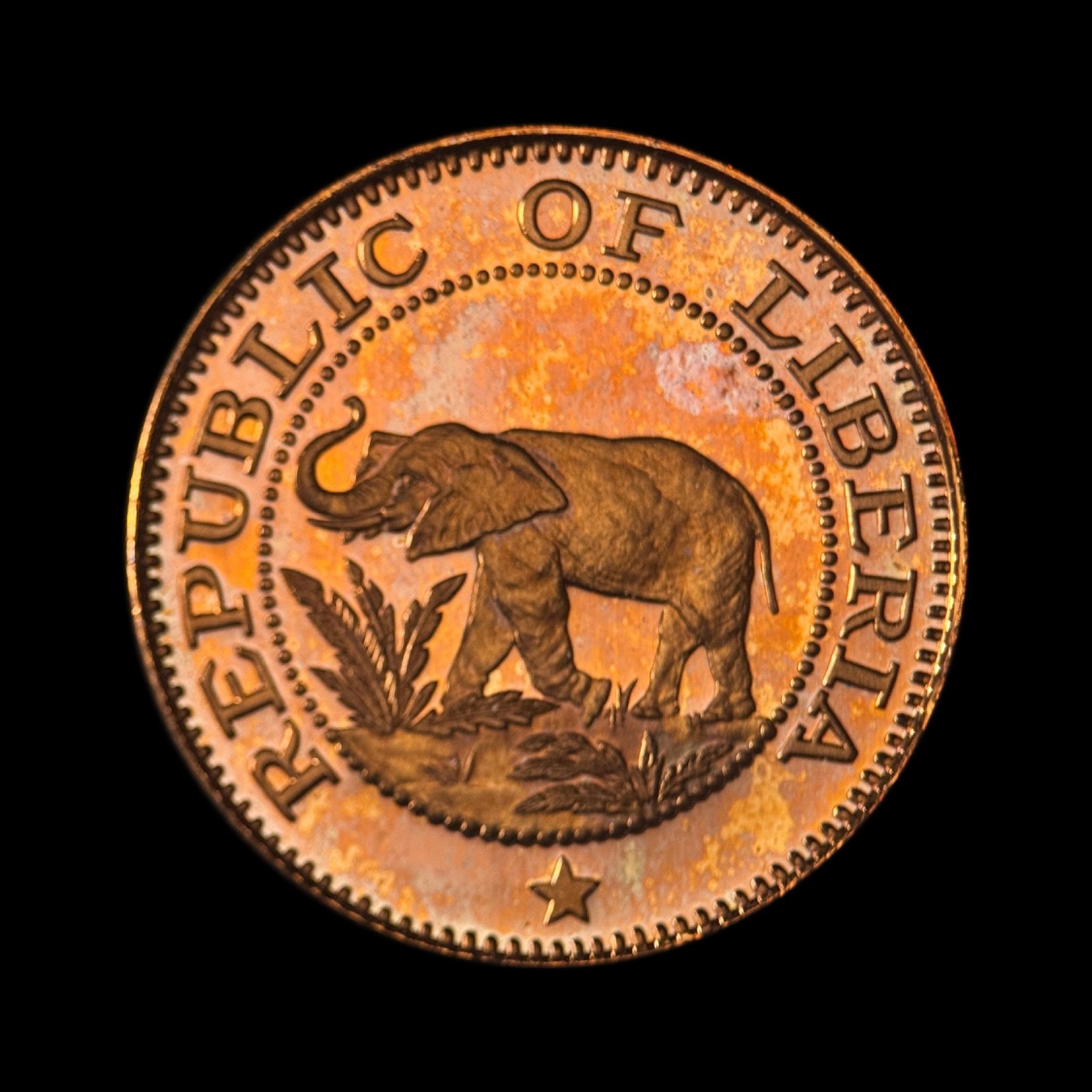 LIBERIA. 1978, 1 Cent - Elephant, Palm Tree, Pennsylvania Proof Toned Rare 1