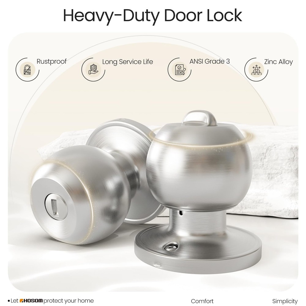 HOSOM Privacy Door Knob with Lock, Interior Knobs 1 Pack, Satin Nickel