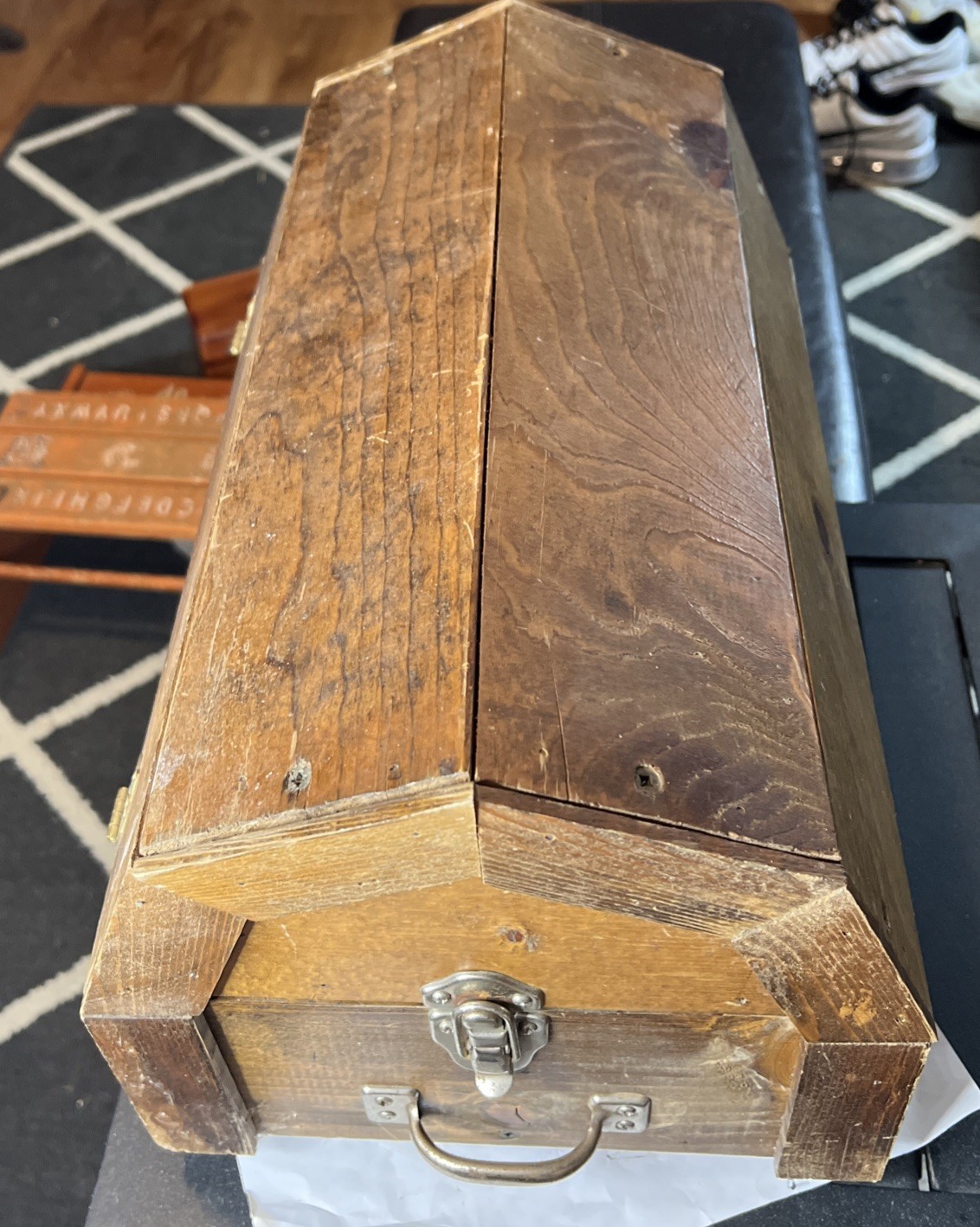 VINTAGE TOOLBOX HAND-MADE WOOD HEXAGON SHAPE LOCK BOX WITH DOUBLE LOCKS +HANDLES