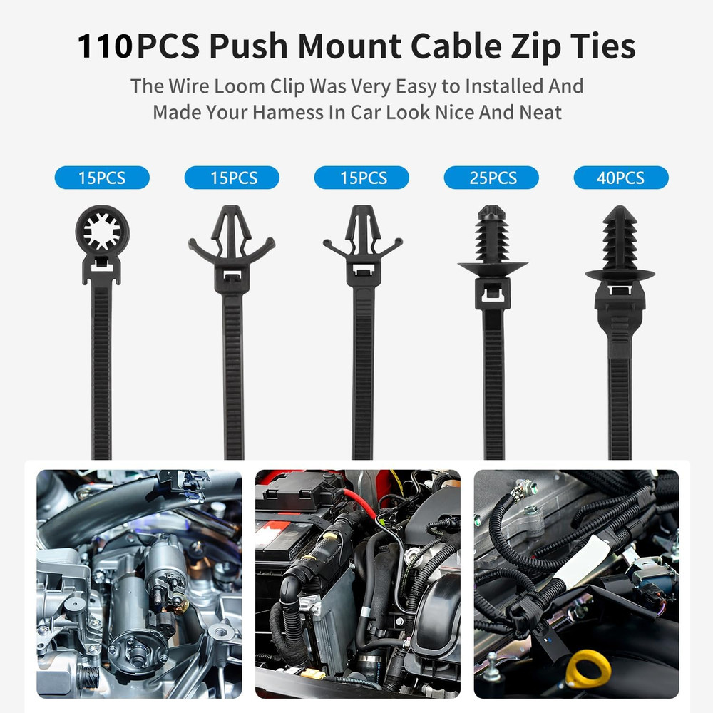110 PCS Automotive Installation Black Push Mount Cable Zip Ties Assorted Sizes,