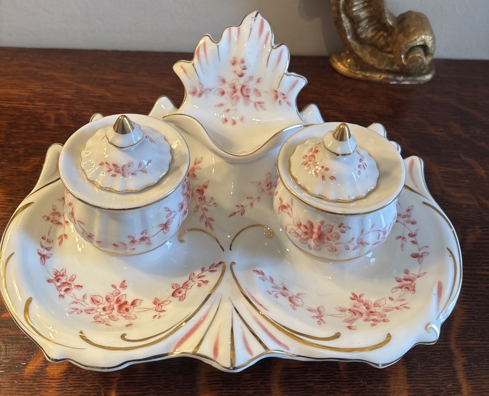 Porcelain 5 Piece Inkwell Dresser Set~Sandrea Japan G904~Chips & Cracks
