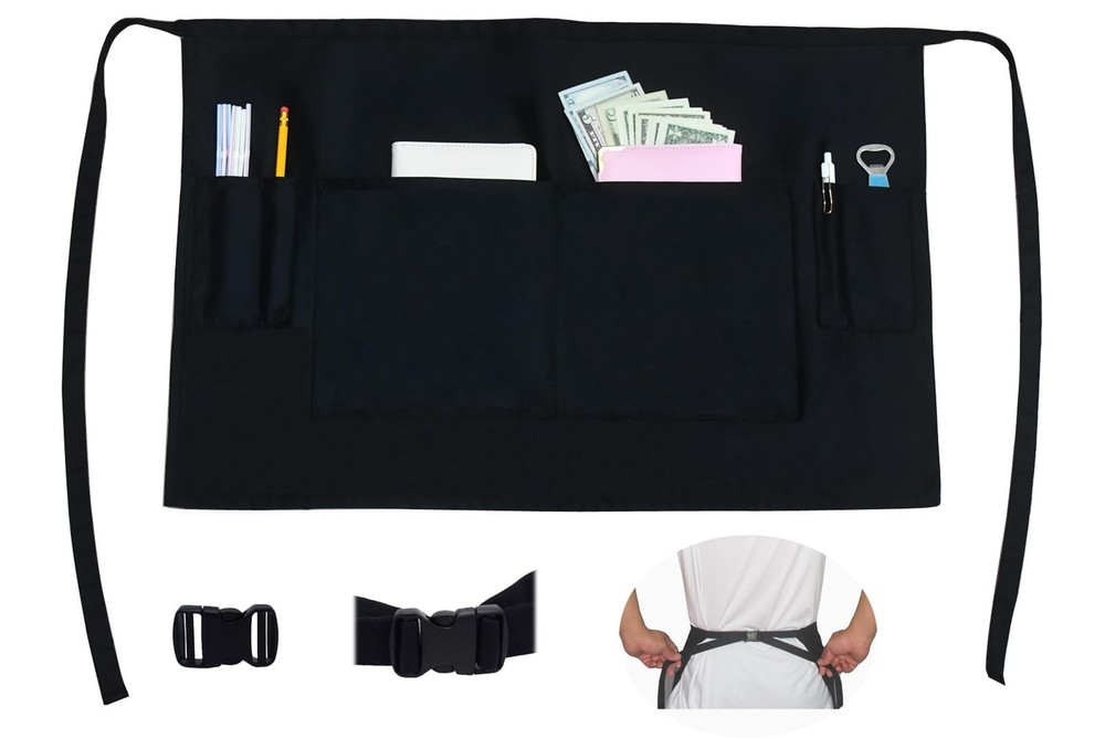 Server Apron with 6 Pockets, Waist Apron with Adjustable Ties, Thick Material...