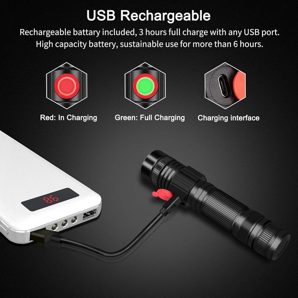 LED Flashlight Rechargeable USB 2000 High Lumens, Small and Bright Pocket