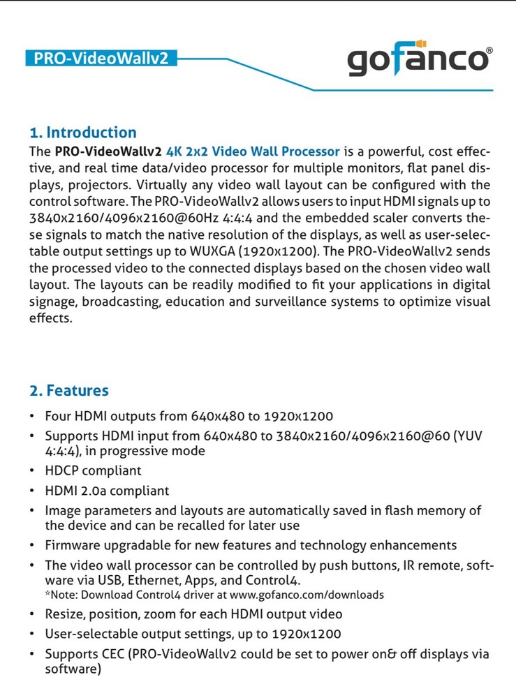 gofanco PRO-VideoWall 4K 1080p HDMI 2x2 Video Wall Processor With Web App