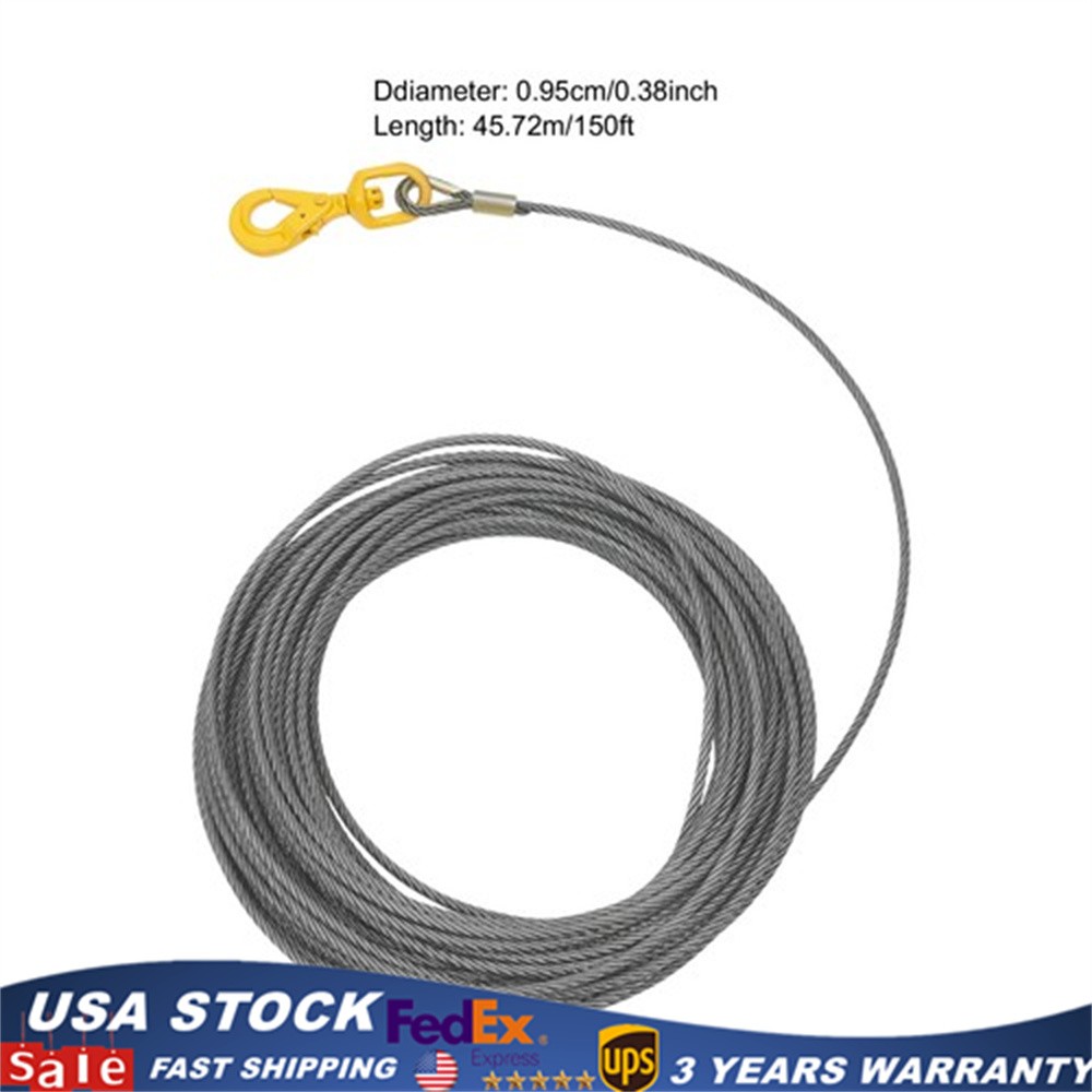 Winch Cable Carbon Steel Core Wire Rope 3/8"x150' 12566lb Self Lock Swivel Hook