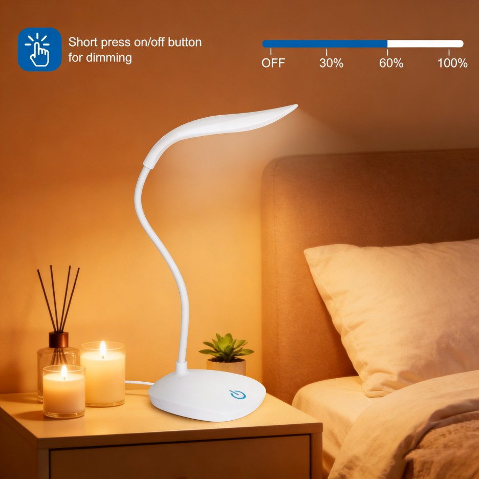 USB LED Desk Light Dimmable Bedside Reading Lamp Rechargeable Touch Control -&