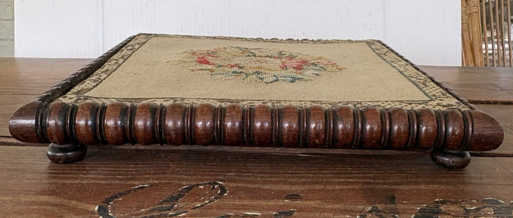 Antique Needlepoint Square Tea Trivet Footed Stand Bobbin Turned Frame 12x12
