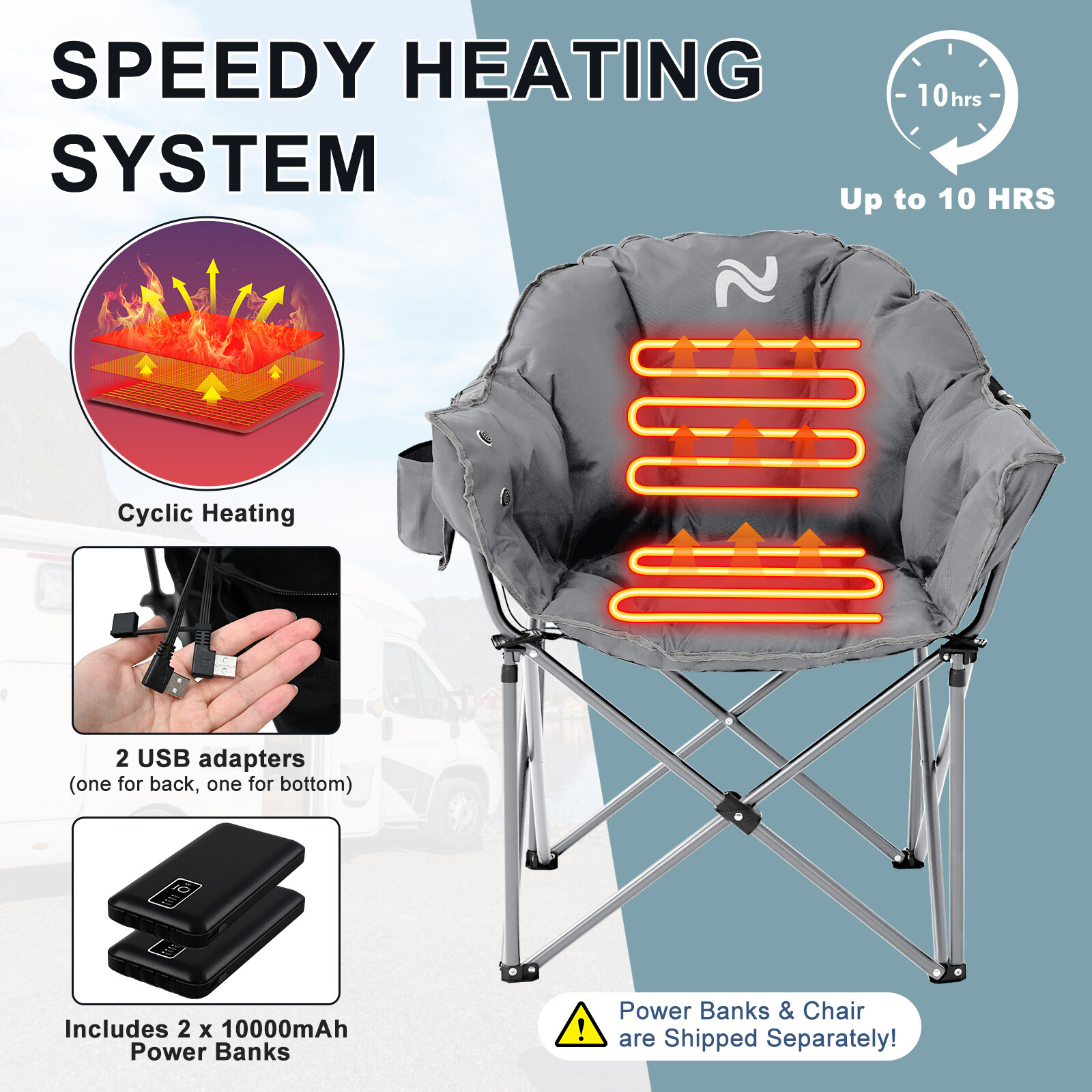 NAIZEA Heated Camping Chair With 2*10000mAh Power Bank Oversized Folding Chair