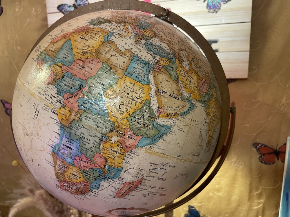 VINTAGE MID-CENTURY REPLOGLE 12" TERRESTRIAL GLOBE ON FLOOR STAND & BASE