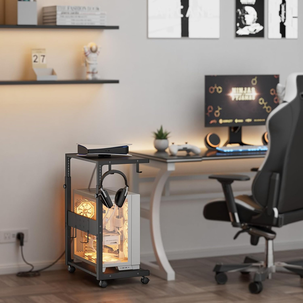 Computer Tower Stand - Adjustable PC Tower Stand CPU Holder Cart with Charging S