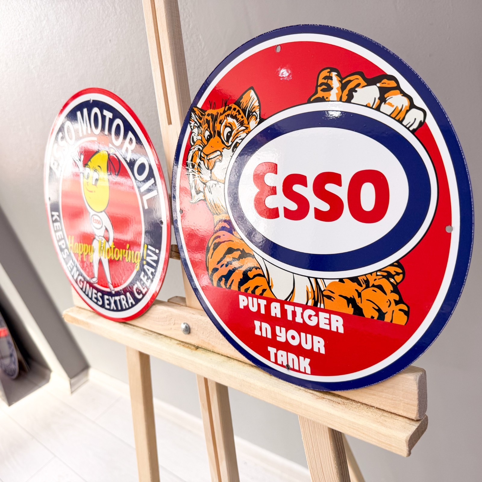 Esso Vintage Metal Sign Set of 2 Happy Motoring Female & Tiger – 30 cm / 11.8”