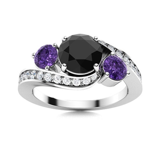 925 Sterling Silver 5MM Round Black Spinel & Amethyst Three Stone Women Ring