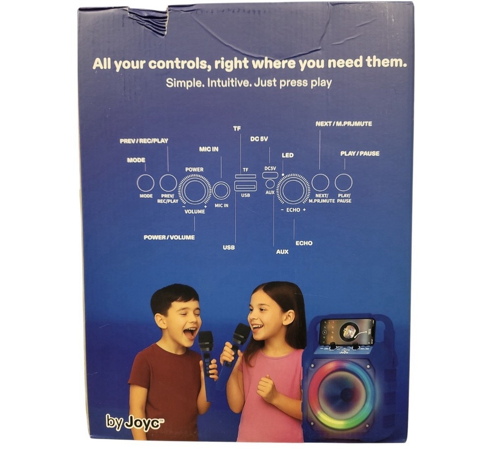 Joyc Karaoke Bluetooth Speaker with 2 Wireless Microphones and LED Ring Light Bl