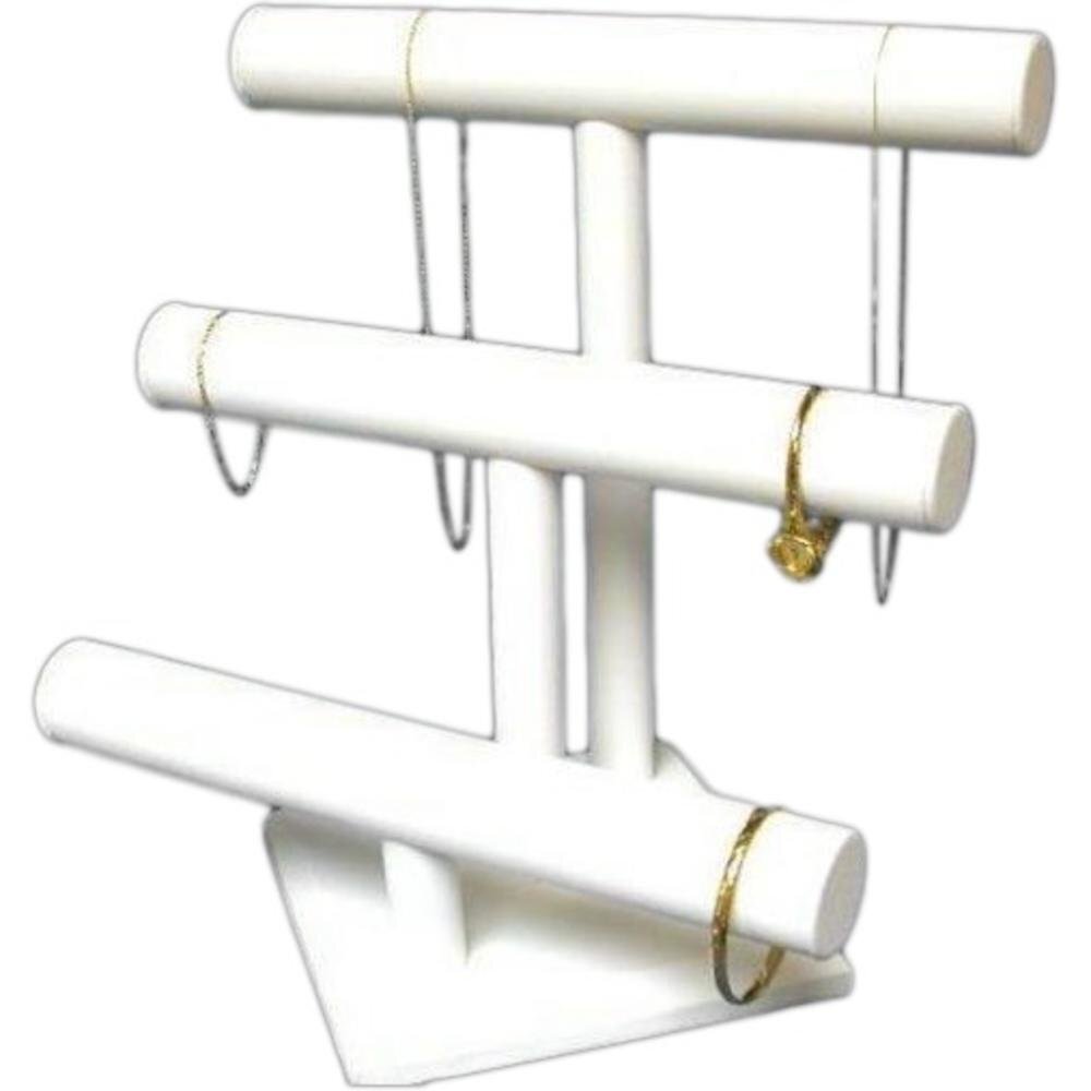 12" x 12" White Faux Leather Triple Tier T-Bar Bracelet Chain Display 3/4" 2 Pcs
