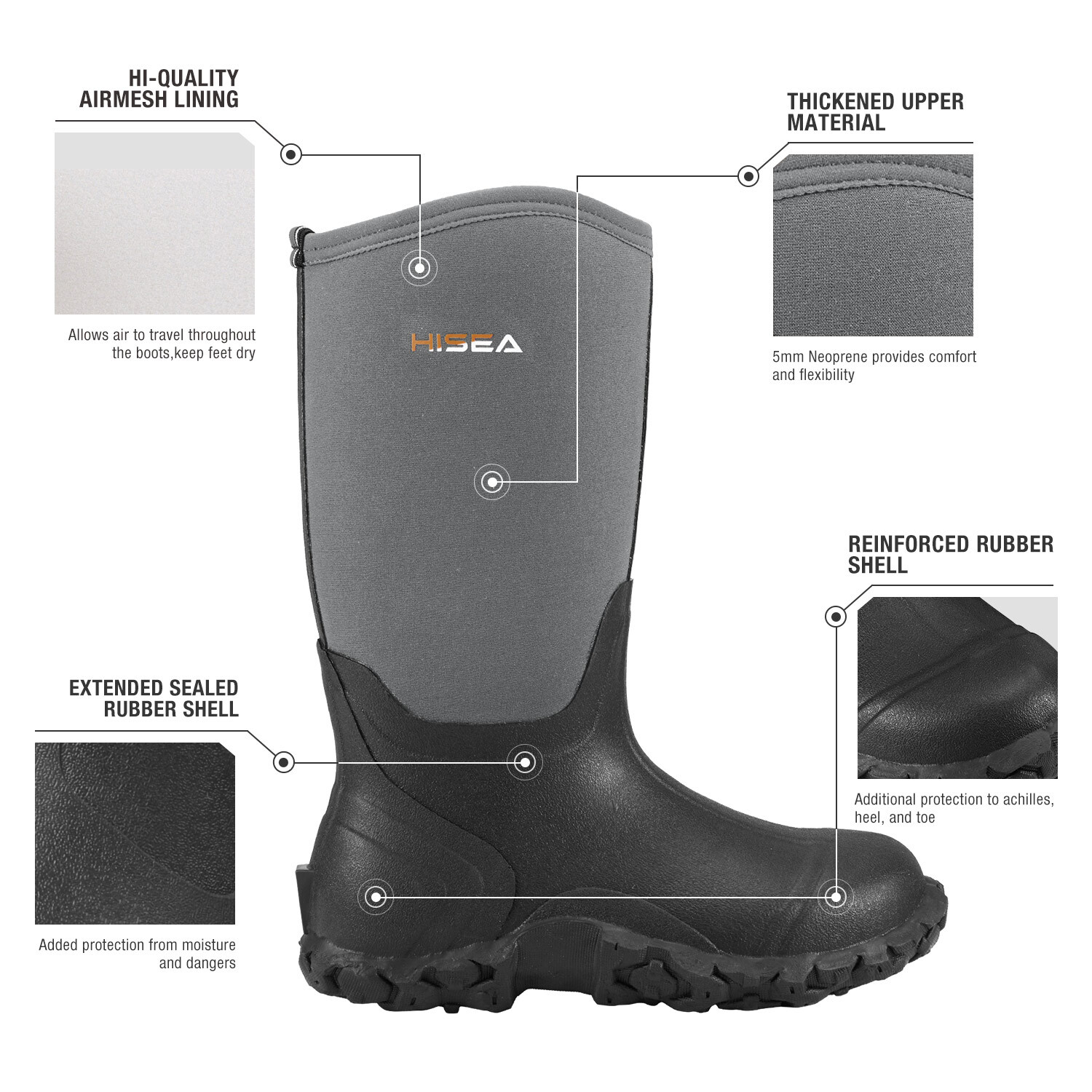 HISEA Men Mid-Calf Rain Boots Waterproof Insulated Snow Hunting Garden Mud Boots