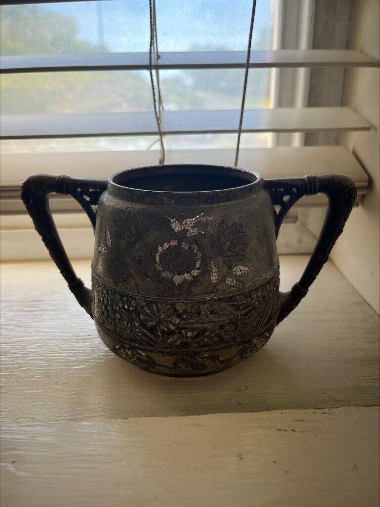 wide antique silver cup with two handles