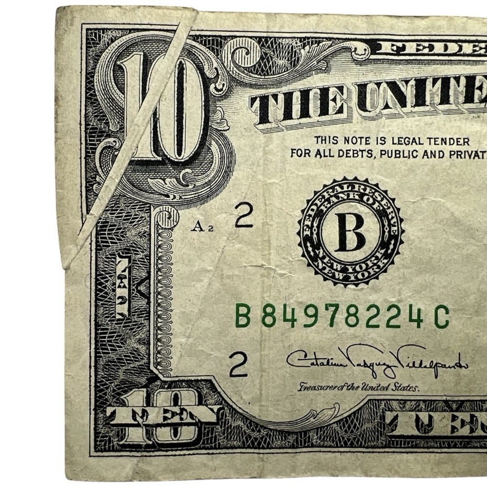1990 $10 Bill ERROR Federal Reserve Note Printed Corner Fold Error ND06