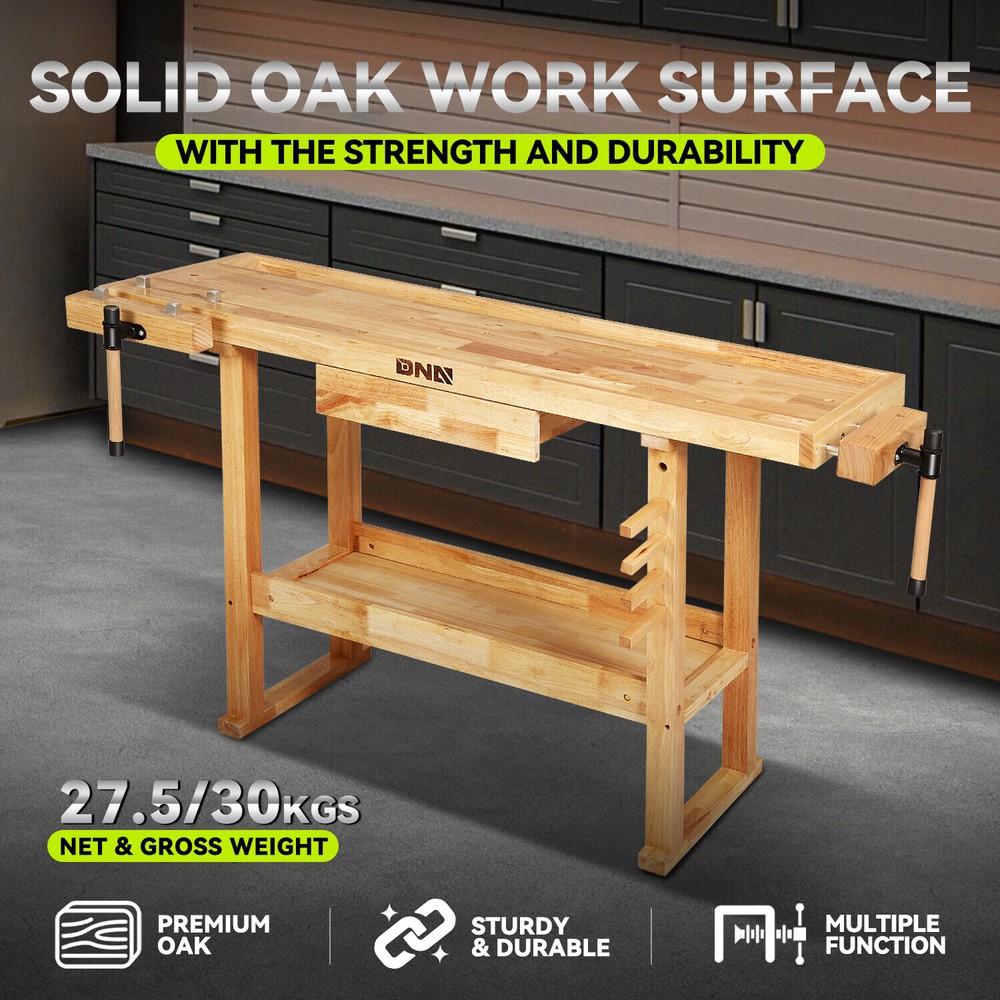 Heavy Duty Rubber Wood Workbench Work Desk w/ 2 Adjustable Rotating Handles