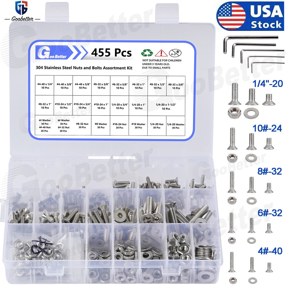 455Pcs Stainless Steel Flat Countersunk Head Hex Socket Cap Screw Bolt Nut SAE