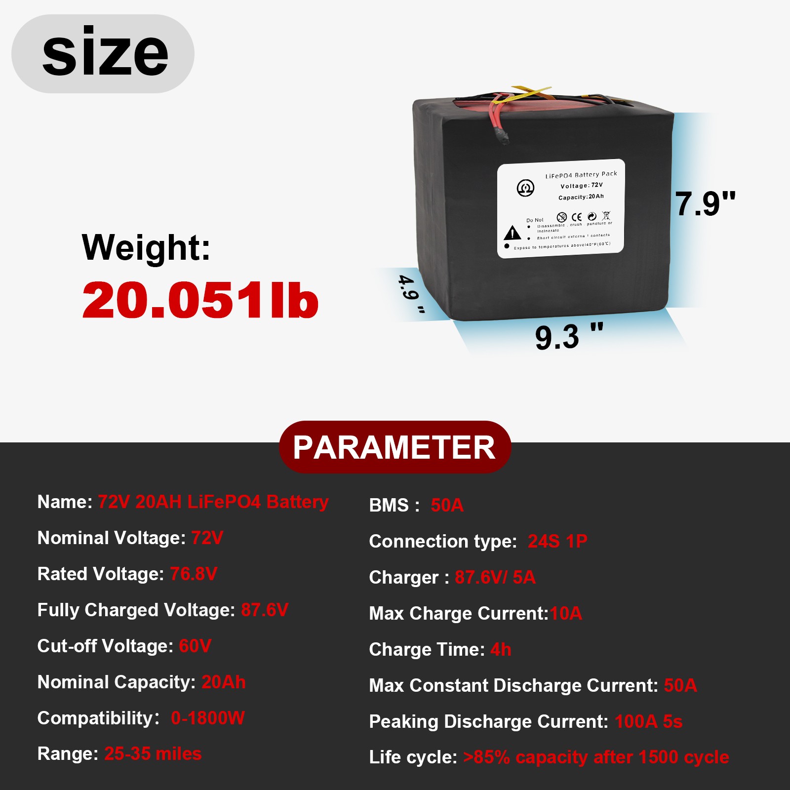 72V 20Ah LiFepo4 Lithium Battery Pack for 250W-1800W Motor B ike 50A BMS