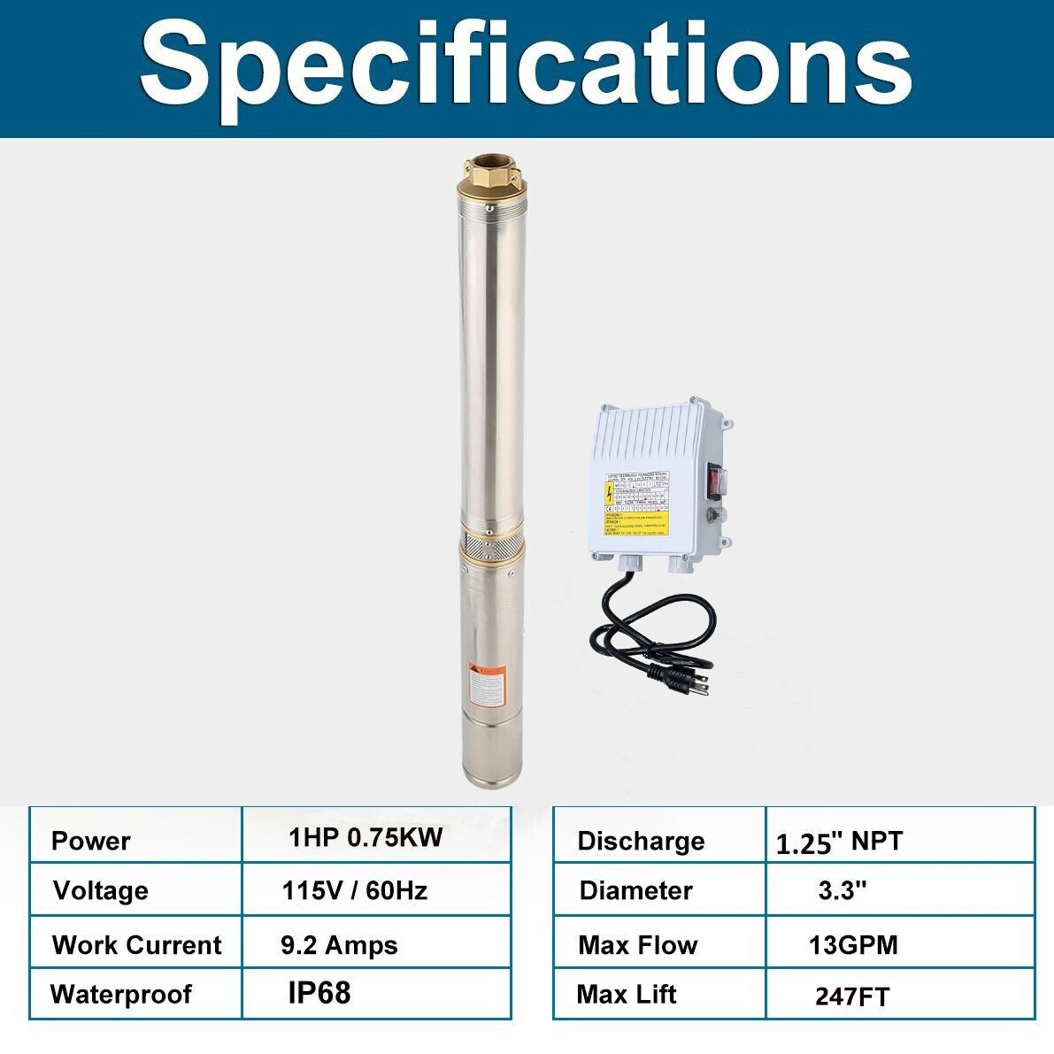 1HP 3" Deep Well Submersible Pump 110V 1.25''NPT 13GPM 247 ft Max w/Control Box