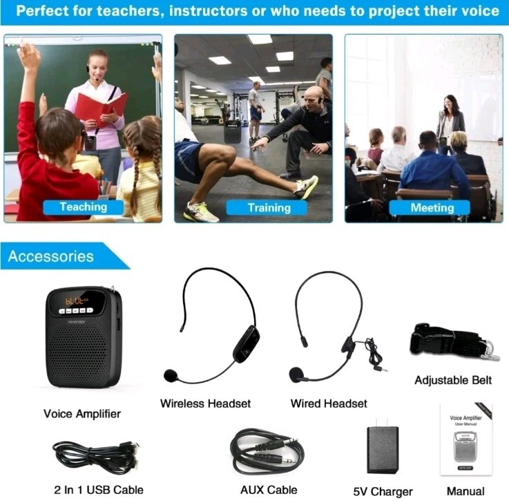 Portable Voice Amplifier Wireless & Wired Headset Microphone Speaker