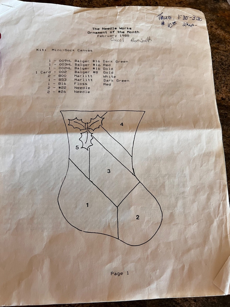 NOEL MINI SOCK NEEDLEPOINT 90% Complete Instructions Side Notes Floss, Metallic