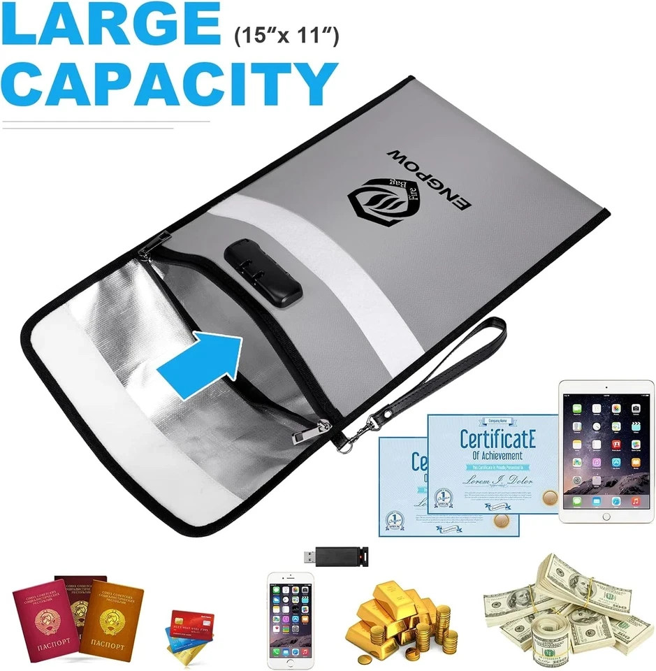 ENGPOW Fireproof Document Bag with Lock (5200℉),15”x 11” With Lock, Silver