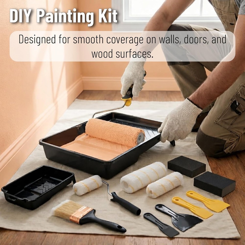 Paint Roller Kit, 9" and 4" Roller Frames with Covers, Plastic Paint Trays