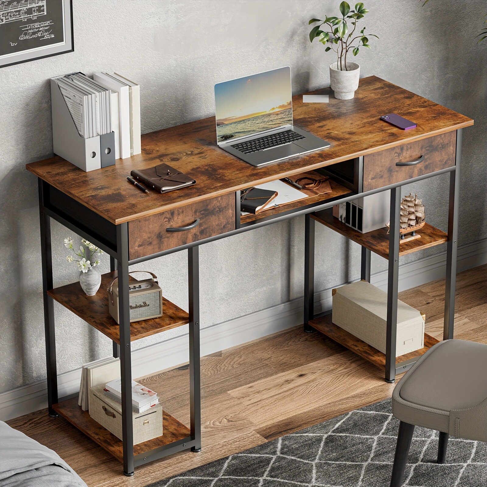 32/48-inch Computer Desk With 2 Fabric Drawers Storage, Keyboard Tray Included