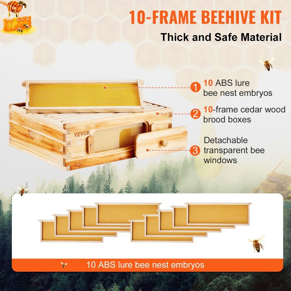 VEVOR Bee Hive Langstroth Medium Beehive Kit 10 Frames Acrylic Bee Windows