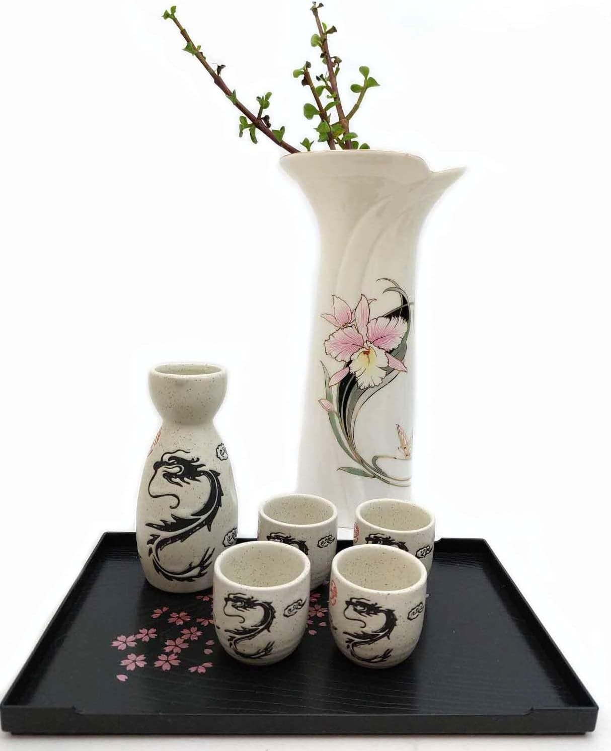 White Dragon Porcelain Sake Set Bottle Cups Saki Set Microwave Safe 5 oz S-4912