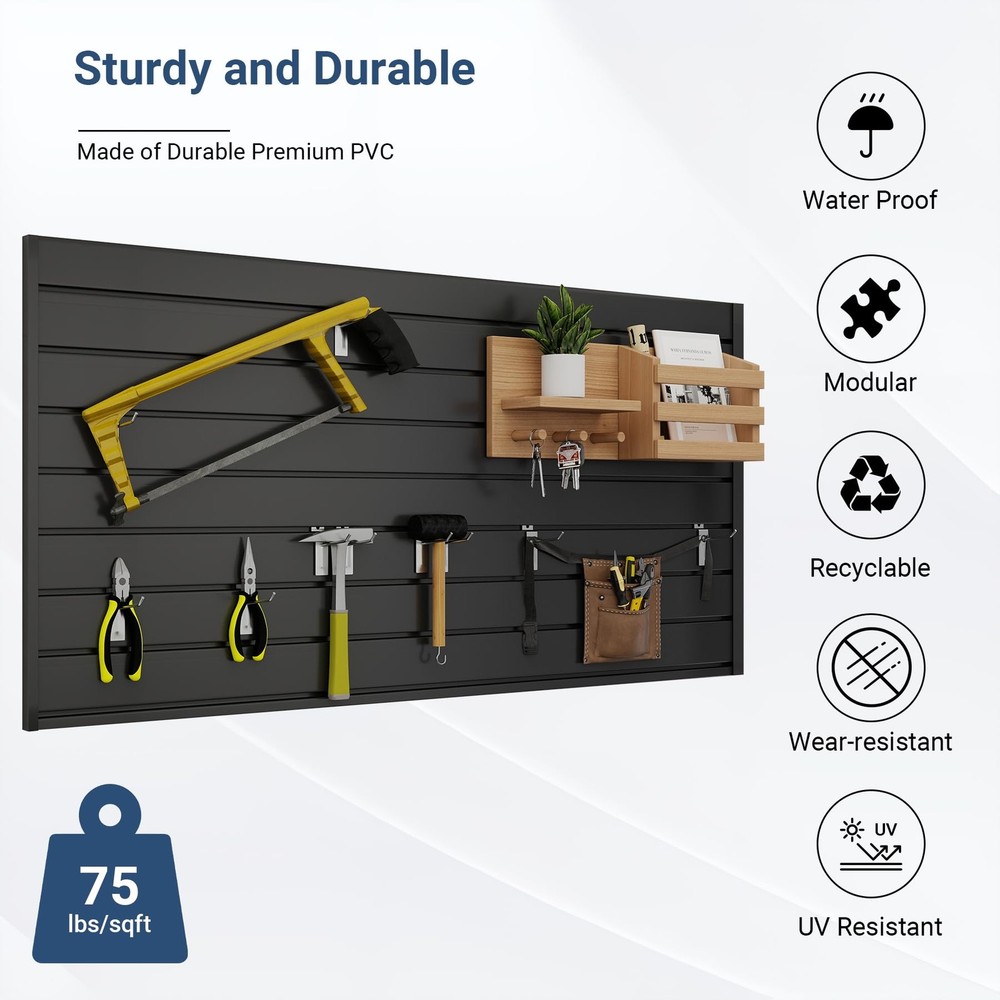 4FT x 2FT Black PVC Slatwall Panel, Modern Wall-Mounted Garage Storage System...