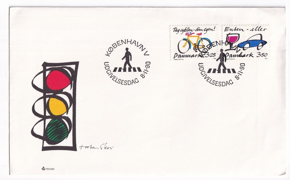 STAMP DENMARK  "TRAFFIC LIGHT " 3.50, 3.25 KR 1990 FIRST DAY COVER