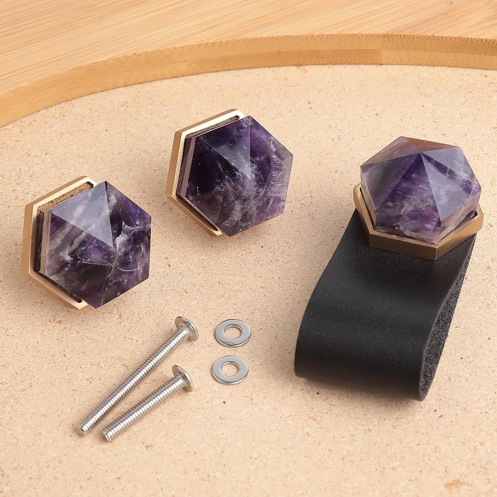 Hexagonal Crystal Cabinet Knobs Handmade Leather Pulls Polished Stone Handles...