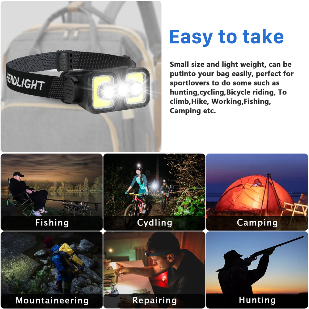 COB LED Sensor Headlamp USB Rechargeable Headlight Torch WorkLight Bar Head Lamp