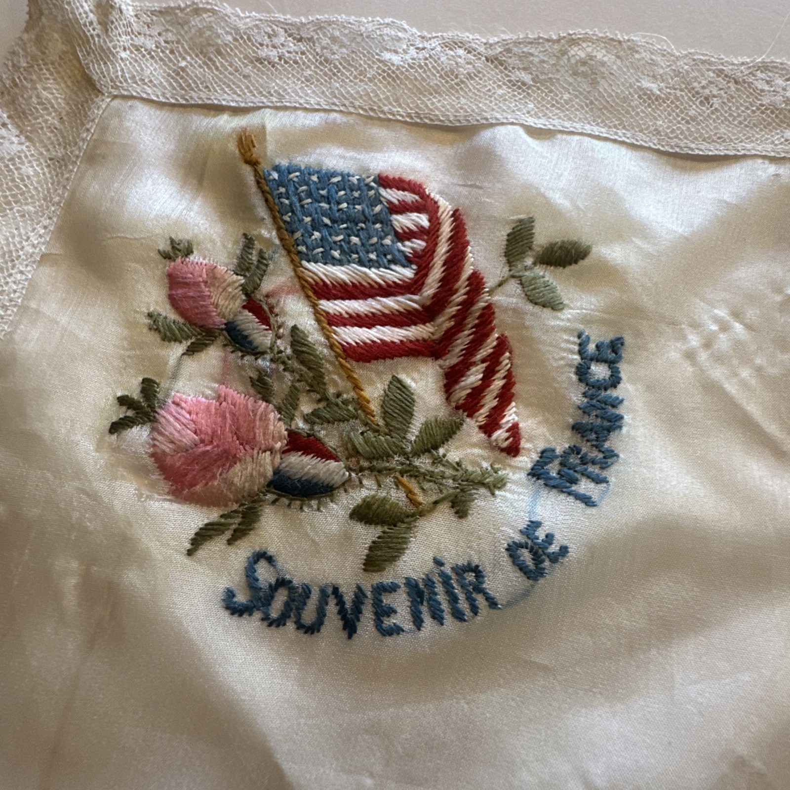 WWI Souvenir De France Embroidered Silk Handkerchief Lot of 2 1914-1919 As